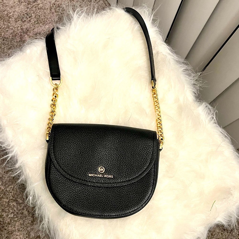 Michael Kors Small Black Pebble Leather Crossbody. Gold Lettering